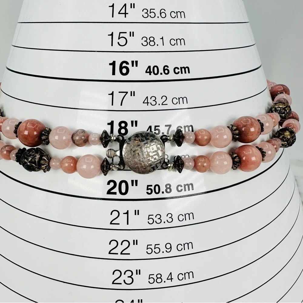 Pink Stone & Quartz Beaded Necklace Two Layer Silver-tone Bead Rose Spacers 18”